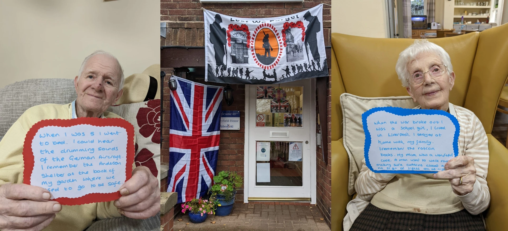 Collage of photos of residents with their memories and the decorated front door at Abbeyfield House Bramhall