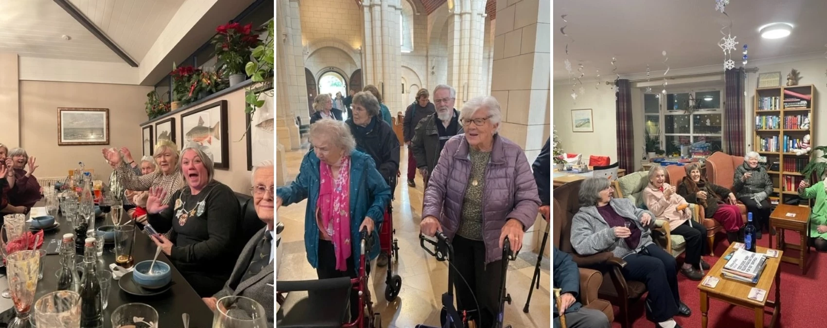 Collage of photos of Abbeyfield Kingsbridge residents out for their Christmas trip